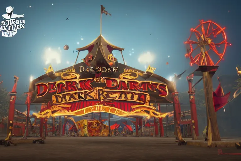 Prompt: 3d sculpt of an arched sign for a circus called 'the dark metal carnival', League of Legends, red dead redemption2, overwatch, artstaton, digital illustration