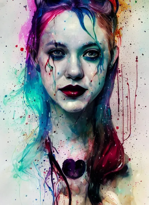 Image similar to harley quinn by agnes cecile, luminous design, pastel colours, ink drips, autumn lights