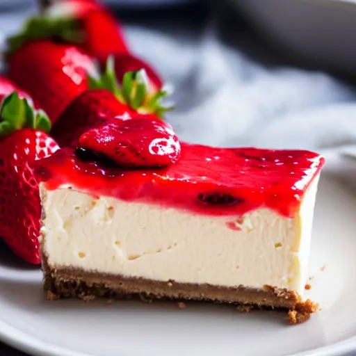 Image similar to close view of a delicious sweet and perfect strawberry cheesecake piece, award winning, 4 k, beautiful