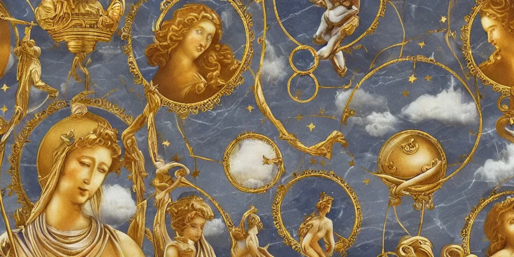 Prompt: saint Woman Venus Athena beautiful gracious baroque marble and gold in space sistina stars clouds