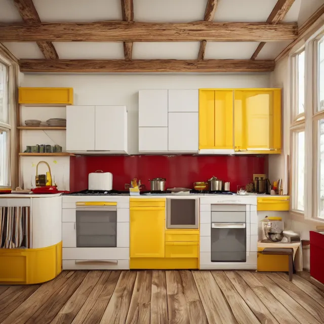 Prompt: kitchen interior in a wooden a frame cabin, yellow cabinets and white walls, red vintage fridge, large window in back, leather couch, realistic, unreal engine render, octane render, hyper realistic, photo, 8 k