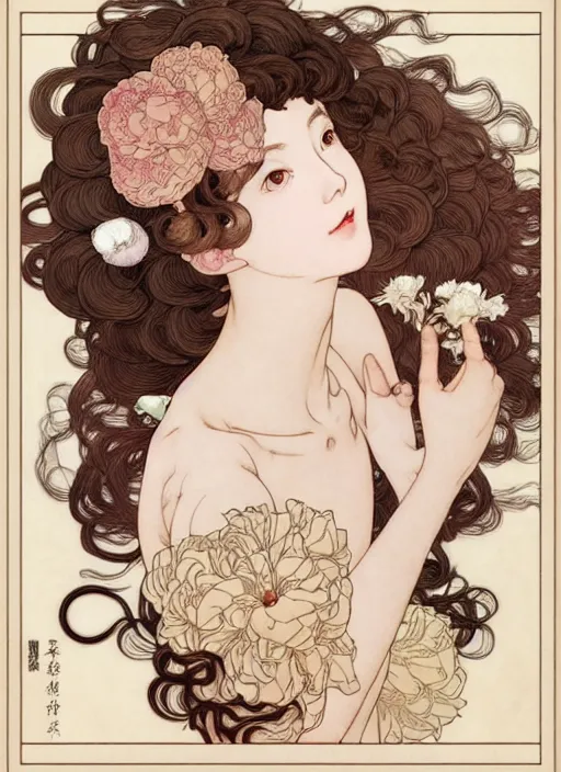 Prompt: young blond girl, macabre dark goddess of pearls and peonies, with long curly, hazelnut hair, perfectly proportioned face, brown eyes, sweet smile, strong jawline, by takato yamamoto, natural lighting, path traced, highly detailed, high quality, cartoon, digital painting, by new haicheng and studio ghibli, alphonse mucha