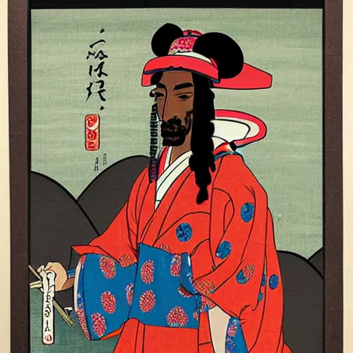 Image similar to Ukiyo-E portrait of Samurai Snoop Dogg