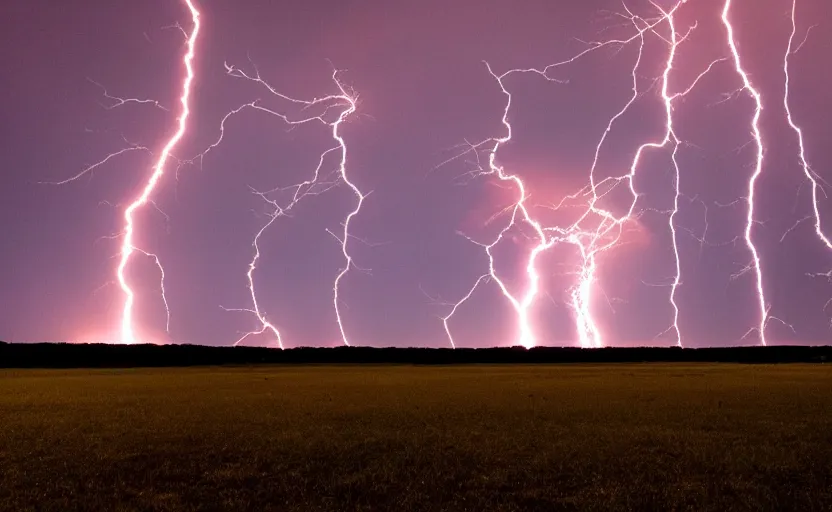 Prompt: red lightning bolts shoot from the ground, night, field, fire is visible on the horizon