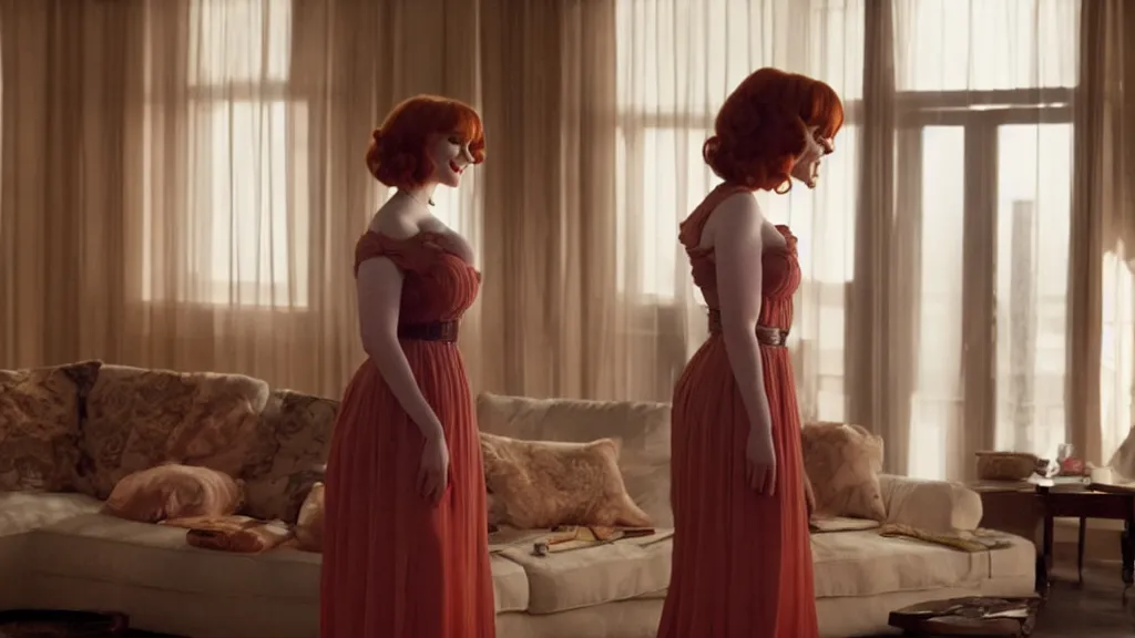 Image similar to a very happy beautiful Christina Hendricks in the living room, film still from the movie directed by Denis Villeneuve with art direction by Salvador Dalí, wide lens