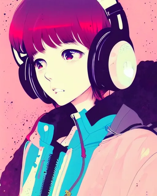 Prompt: girl wearing headphones, city background, very anime!!! anime!! intricate details, aesthetically pleasing pastel colors, poster background, art by conrad roset and ilya kuvshinov