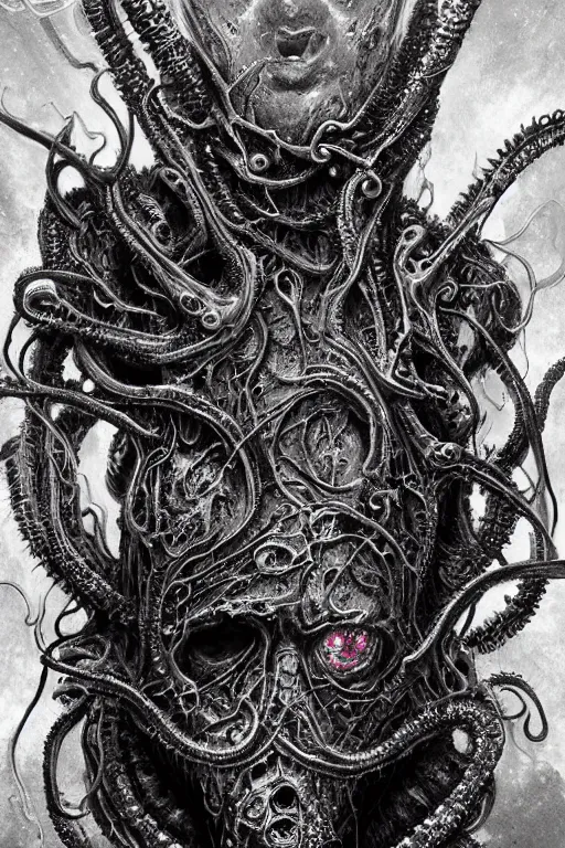 Prompt: realistic portrait of beautifully crystalized and detailed portrait of a biomech zombie with gasmask, tentacles, tendrils, eldritch, matte painting of cinematic movie scene red dragon, horror, created by gustave dore and greg rutkowski, high detailed, smooth draw, synthwave neon retro, intricate, realistic proportions, dramatic lighting, trending on artstation.