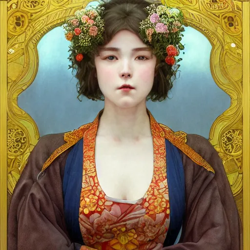 Prompt: Masterpiece portrait of Sakura Kinomot from Card Captro Sakura drawn by Donato Giancola and Tom Bagshaw, face by Artgerm and Edmund Leighton, Alphonse Mucha, background by James Jean and Gustav Klimt, 4k, posthuman, robotic body, porcelain skin, komorebi, french nouveau, trending on pixiv, octane render, hyperrealistic