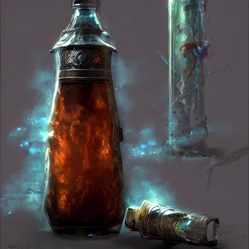 Image similar to an opalescent health potion in a tall elegant bottle, rpg item, fantasy concept art by craig mullins