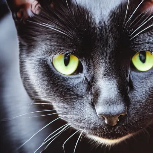 Prompt: close up photograph of a black cat staring towards the camera, wide angle