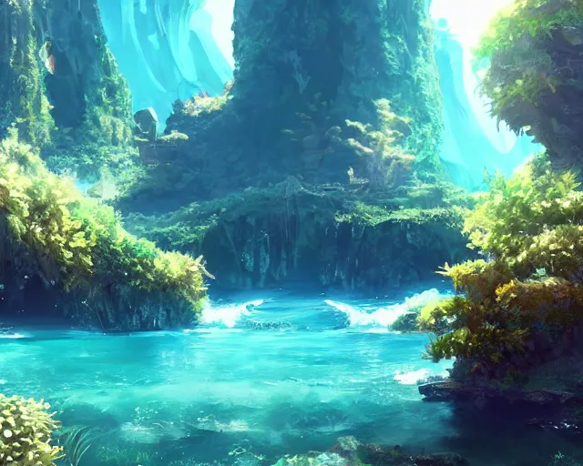 Prompt: scenery artwork, scene beautiful, light!! light essential underground ocean world atlantis and nature vegetation with daylight, surrealism oil on canvas, artstation!! pixiv!! dream scenery, quality astral projection render, nier automata concept art, vaporwave textures