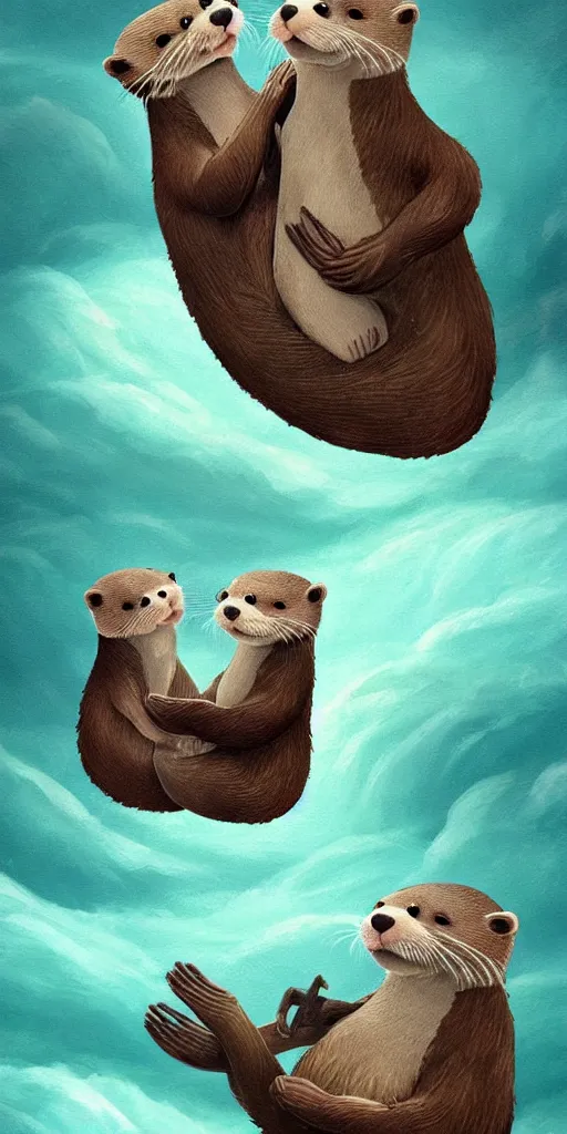 Prompt: adorable otters falling in love holding hands side by side, all alone in the middle of a scary storm at sea, fantasy illustration, cinematic, award winning, romantic, detailed trending on artstation, masterpiece