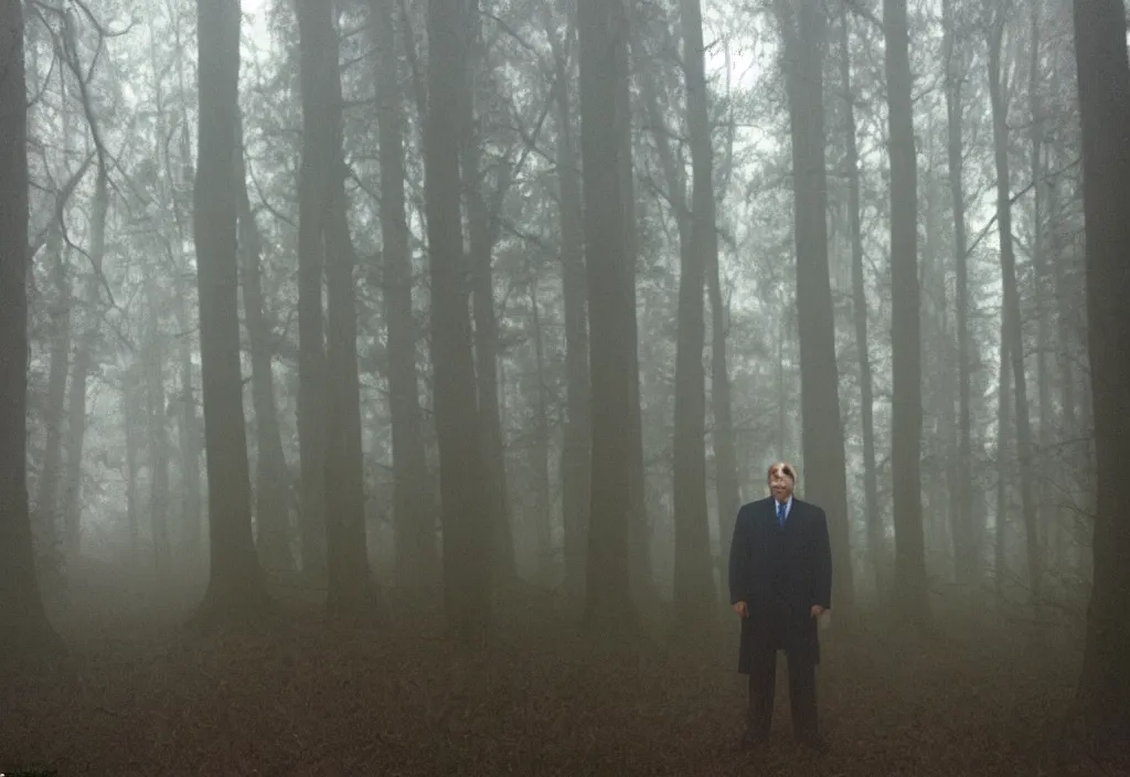 Image similar to low quality iphone photo of donald trump standing ominously deep in the foggy woods with a demonic smile in his face, low visibility creepy