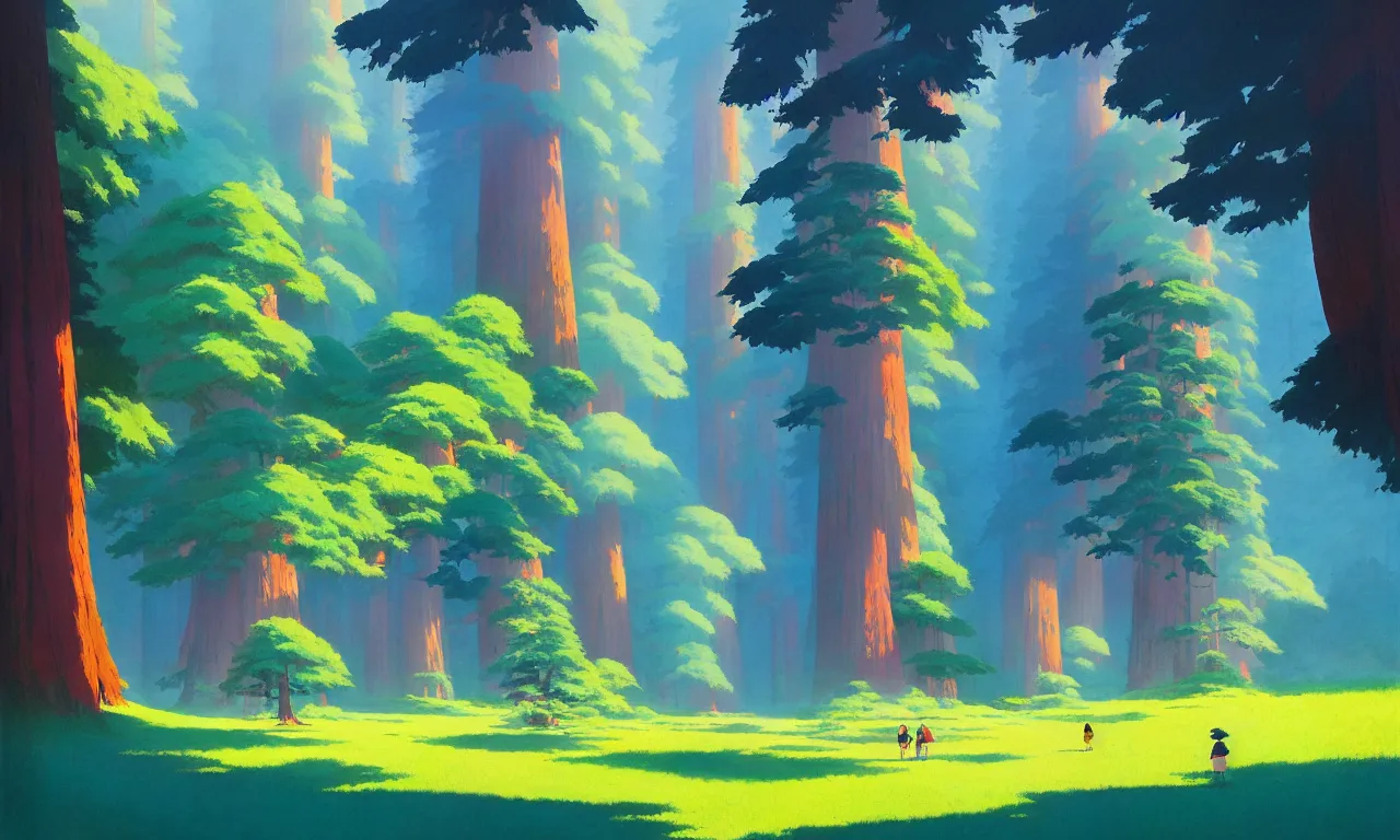 Image similar to Sequoia park in a colorful moutain with beautiful trees , no people, morning, by studio ghibli painting, superior quality, masterpiece, traditional Japanese colors, by Grzegorz Rutkowski, concept art