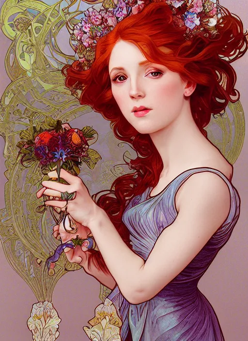 Prompt: redhead woman, rococo and art nouveau fusion, iridescent diaphanous refractive and reflective flower bouquet, tarot card, highly detailed, deep focus, elegant, digital painting, smooth, sharp focus, illustration, ultra realistic, 8 k, art by artgerm and alphonse mucha