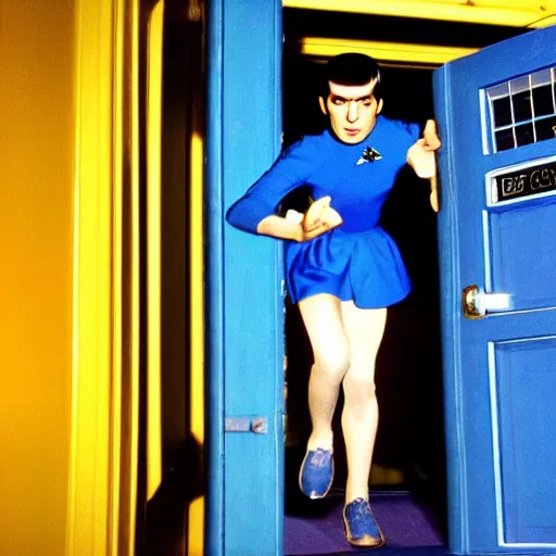 Prompt: spock!!!!!!!! in blue tutu exiting the tardis!!!!!!!, spock spock spock tardis tardis tardis color photo