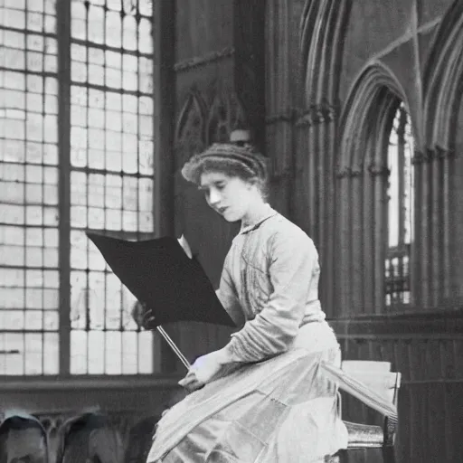 Image similar to a young edwardian woman playing a violin inside a cathedral, black and white photograph