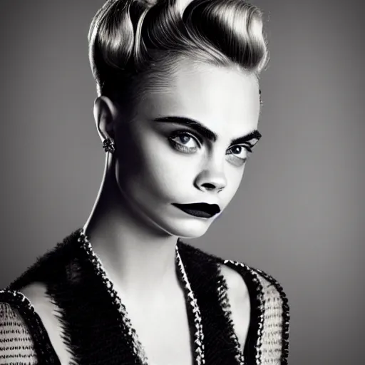 Prompt: portrait of beautiful cara delevingne with a 1 9 4 0 s hairstyle by mario testino, ca. 1 9 4 0, headshot, detailed, award winning, sony a 7 r