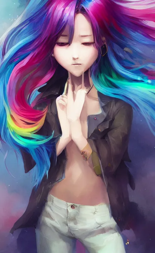 Prompt: a kawaii woman with rainbow hair, soft eyes and narrow chin, dainty figure, long hair straight down, kawaii shirt and jeans, basic white background, In style of by Jordan Grimmer and greg rutkowski, crisp lines and color