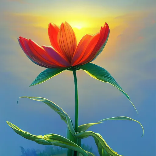 Prompt: a painting of a flower blooming in the sunrise by vladimir kush, highly detailed digital art, vibrant lighting, amazing detail, deviant art, artstation