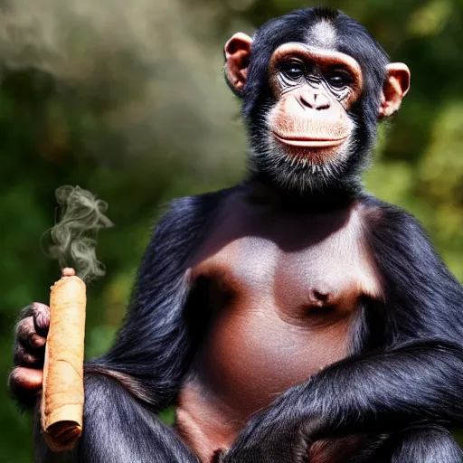 Image similar to a high detail closeup shot of a chimp wearing a suit and smoking a cigar