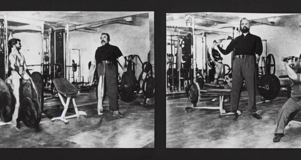 Image similar to photo in color, stalin and lenin in the gym, clear photo