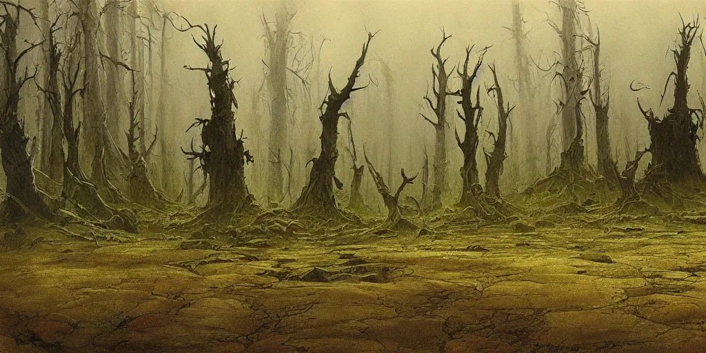 Image similar to artwork by john howe of the cinematic view of a desolate, radioactive forest