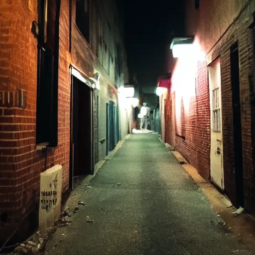 Prompt: a creepy cell phone camera picture of an alleyway in west philadelphia at night, with a woman in the distance.