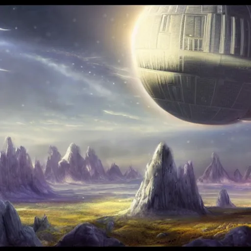 Prompt: beautiful matte painting of a fantasy landscape with the death star in the sky