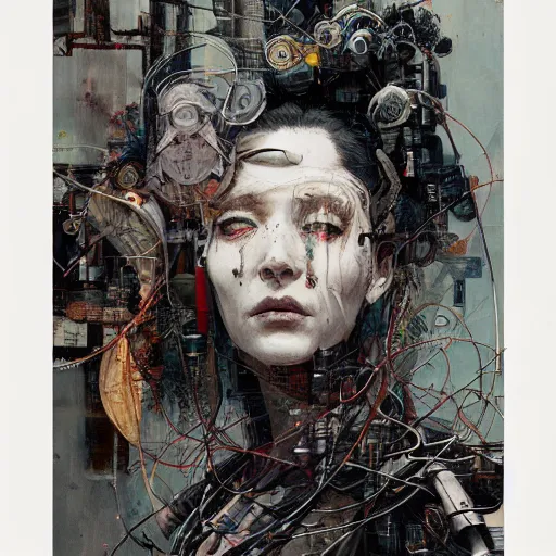 Image similar to rona mitra as a cyberpunk noir detective, skulls, wires cybernetic implants, machine noir grimcore, in the style of adrian ghenie esao andrews jenny saville surrealism dark art by james jean takato yamamoto and by ashley wood