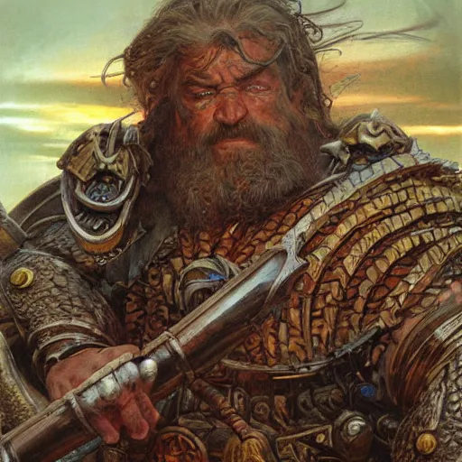 Image similar to art by donato giancola and bayard wu and gustav moreau and wayne barlowe, a fantasy cinematic close up shot of a dwarf berserker, warhammer, dnd, last stand