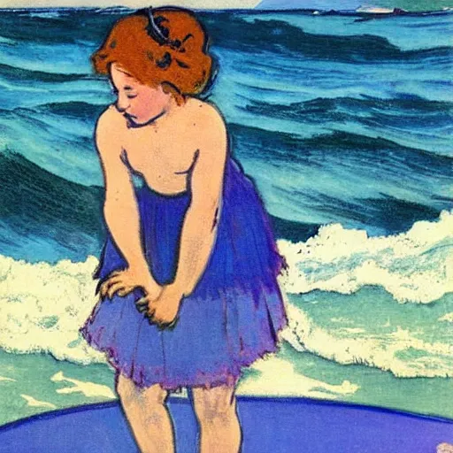 Prompt: blue violet by william gropper, by eugene grasset lifelike. the painting of a young girl in a traditional hula outfit. she is standing on a surfboard in front of a beautiful ocean landscape.