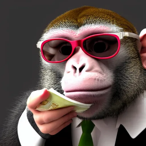 Prompt: Monkey wearing a suit and cool glasses, and holding some dollars in his hand, photo, 8k