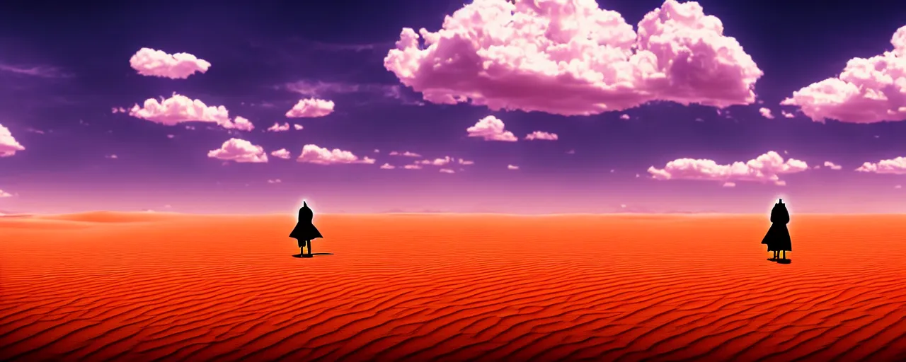 Image similar to vast desert with a lone female samurai walking in the foreground, anime, hd, hdr, 4 k, 8 k