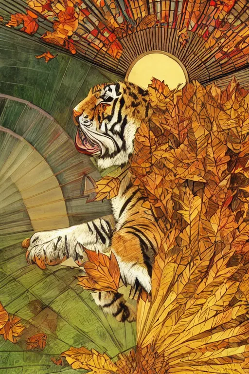 Prompt: a highly detailed cartoon cute tiger flapping a fan under sun, autumn leaves on the ground, concise lines, ultradetailed environment, sharp focus, cinematic lighting, by alphonse maria mucha and kim jung gi