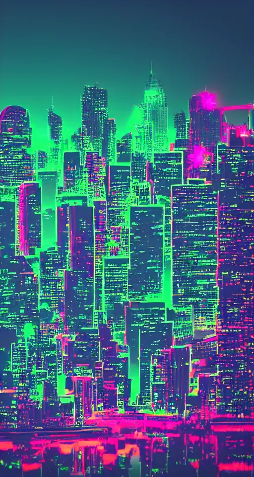 Prompt: city skyline, neon lights, glow, retrowave style