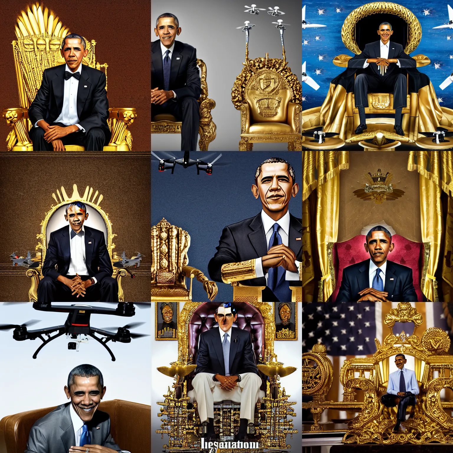 Prompt: photo portrait of Barack Obama The Drone King sitting on a golden throne with MQ-1 Predator drones flying out from under it, (EOS 5DS R, ISO100, f/8, 1/125, 84mm, modelsociety, prime lense)