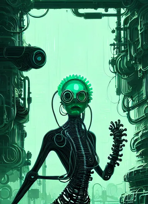 Image similar to highly detailed portrait of a biopunk long curly white hair tribal lady, stray wiring by atey ghailan, james gilleard, by joe fenton, by greg rutkowski, by greg tocchini, by kaethe butcher, 4 k resolution, gradient green, black and white color scheme!!! ( ( green slime robotic dystopian city background ) )