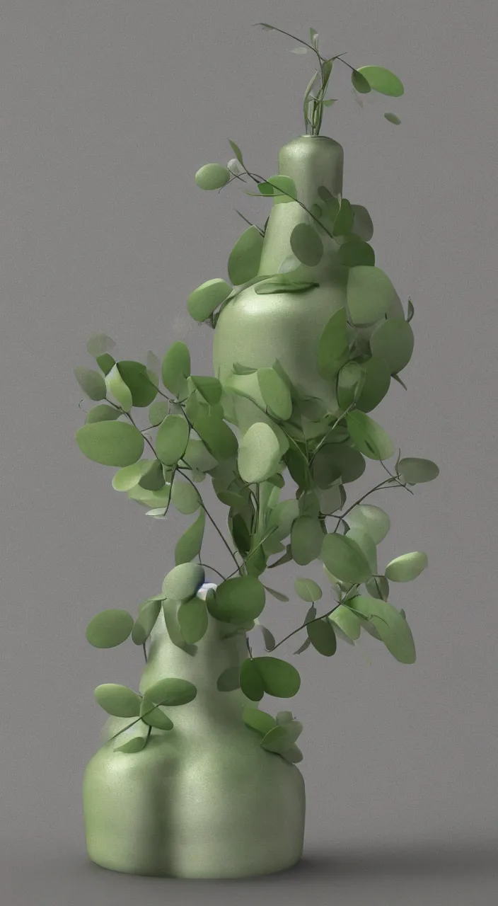 Image similar to a ceramic still distilling eucalyptus into green oil, amphora, vat, alchemical still, 3 d render, atmospheric
