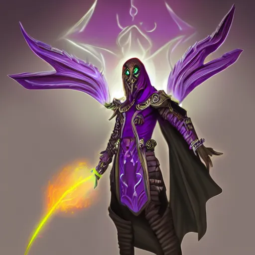 Prompt: fit demon warlock with white horns, young, purple cloak , still, digital painting, trending on artstation, masterpiece, in the style of JB Casacop