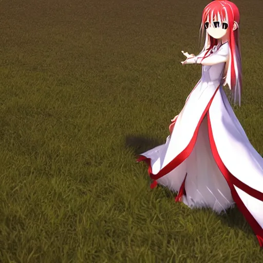 Image similar to yuuki asuna in her wedding dress on a vast field, extremely long hair, unreal engine