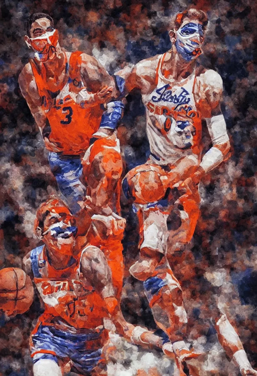 Image similar to billy gabor of the syracuse nationals wearing a facemask in an nba game, hyper photorealistic, insane detail, digital photography, artstation, concept art