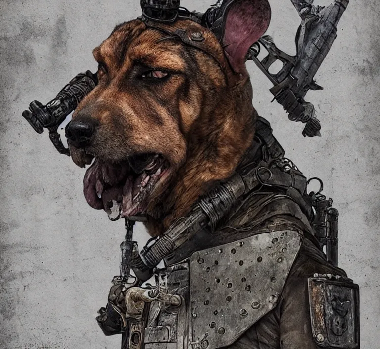 Image similar to a good ol'bloodhound dog fursona ( from the furry fandom ), heavily armed and armored facing down armageddon in a dark and gritty version from the makers of mad max : fury road. witness me.