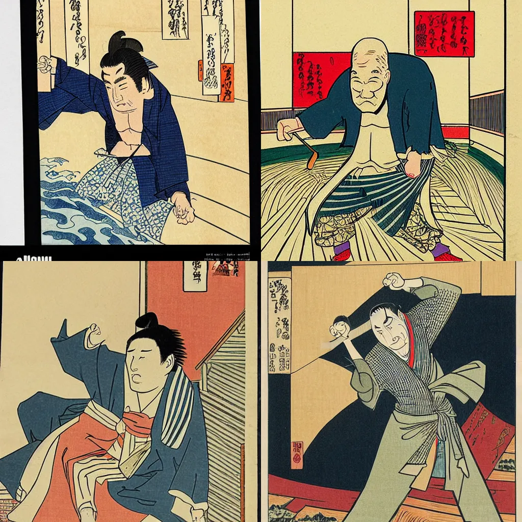 Prompt: 'comic book style art of an older man with a cane falls in a toilet by Katsushika Hokusai'