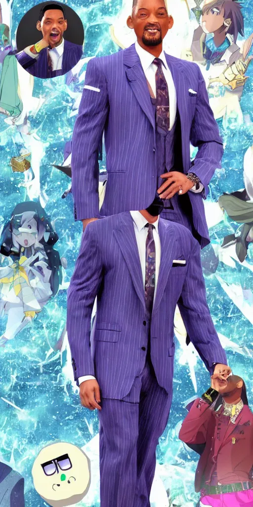 Prompt: will smith wearing luxury suits as a gacha game rare character, cartoon, anime, trend in pixiv, cool color pattern