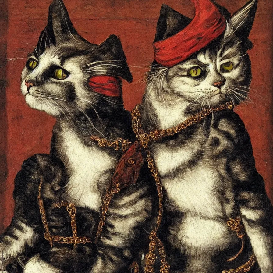 Prompt: portrait of a single cat pirate portrait, painting, 16th century