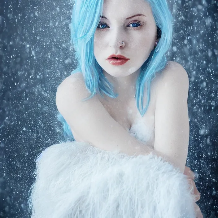 Image similar to full body portrait of a stunningly beautiful woman with pale blue hair wearing a long white dress made out of snowflake in the middle of a heavy snowstorm. she looks almost dead because of how pale she is. by maromi sagi