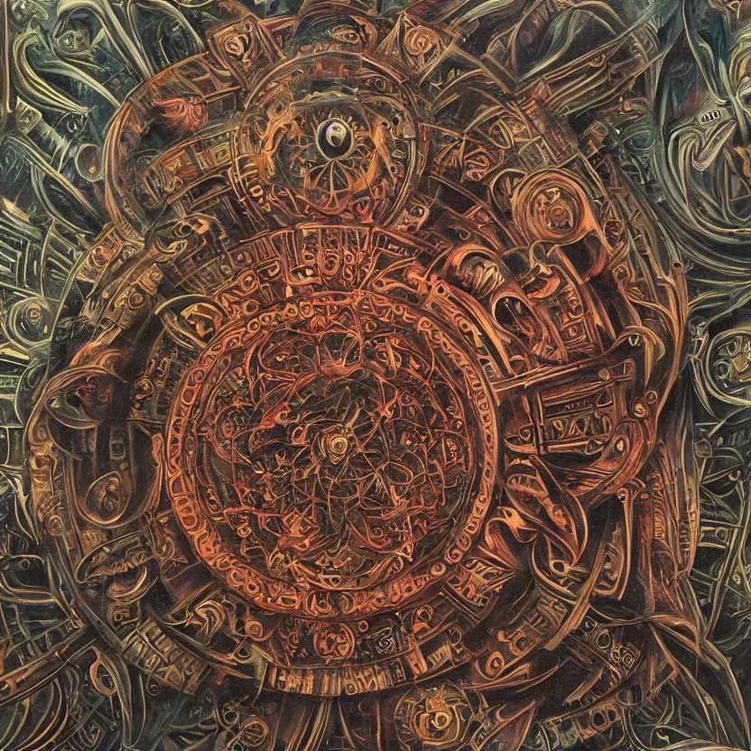 Image similar to biomechanical kali yantra mandala, volumetric shadows and lighting, psychedelic colors, realistic oil painting by h. r. giger,