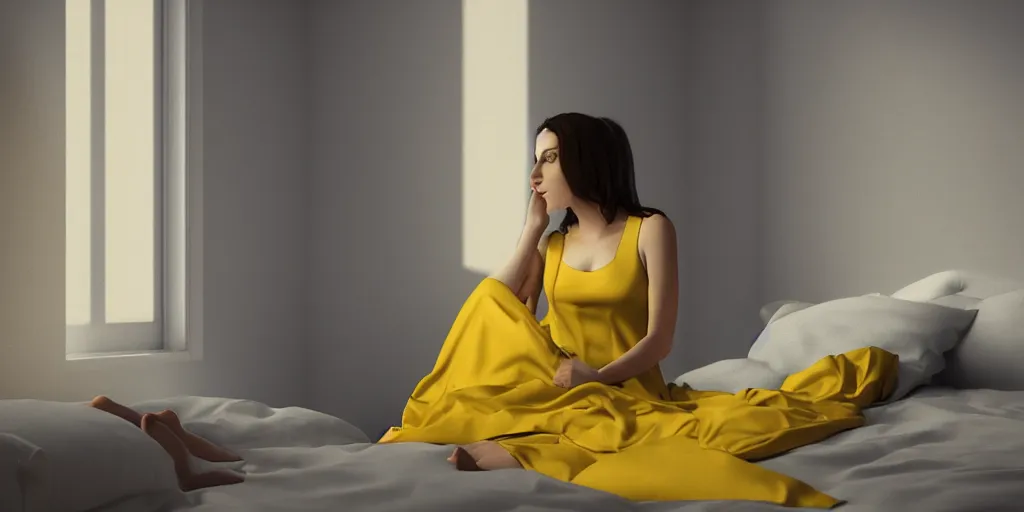 Image similar to A girl with dark hair in a yellow nightgown sits on a bed in a room with light gray walls, side view, sunset light, edward hopper style. cinematic, hyper realism, high detail, octane render, 8k, iridescent accents