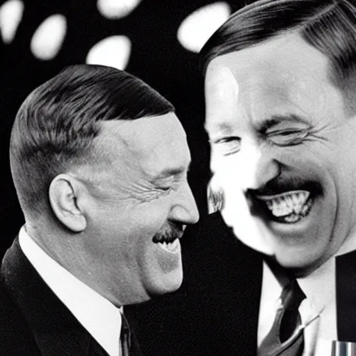 Image similar to “ very photorealistic photo of hitler and joe biden laughing together, award - winning details ”